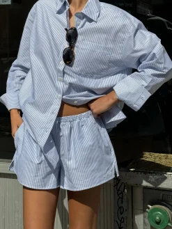 Djerf Avenue Breezy Classic Shirt Blue stripe Clearance