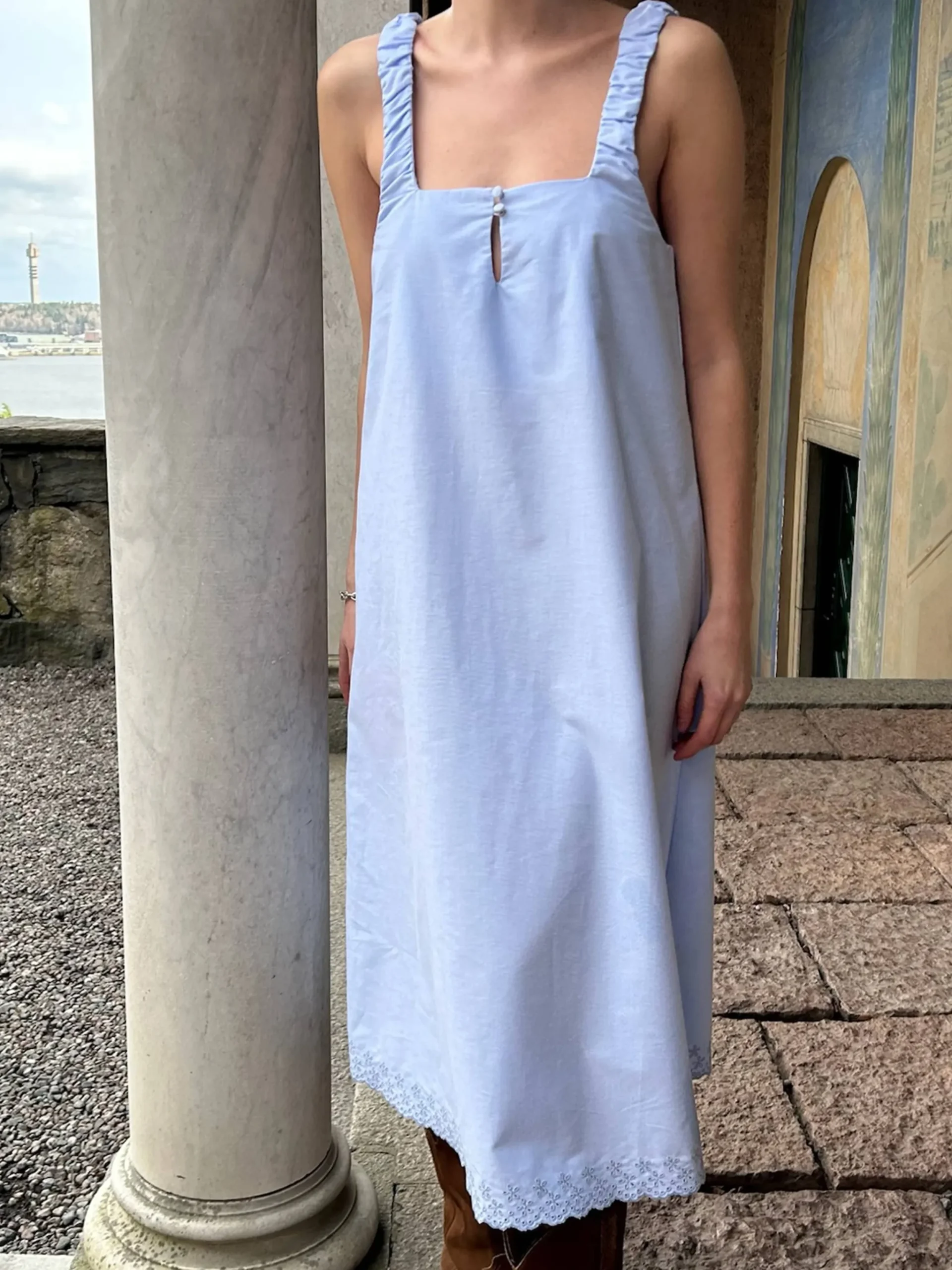 Djerf Avenue Breezy Embroidered Dress Blue New