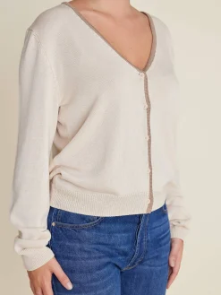 Djerf Avenue Contrast V-neck Cardigan Ivory Hot