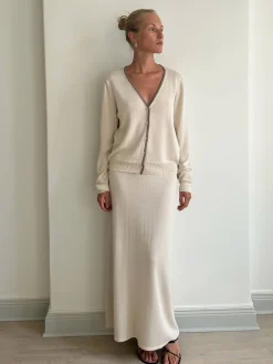 Djerf Avenue Contrast V-neck Cardigan Ivory Hot
