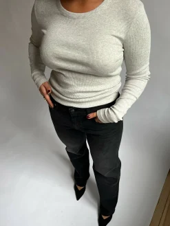 Djerf Avenue Daily Long Sleeve Top Ribbed Grey Melange Clearance