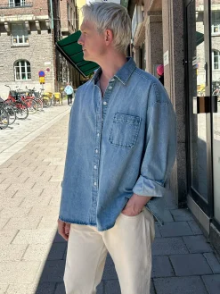 Djerf Avenue Denim Shirt Washed Blue Sale