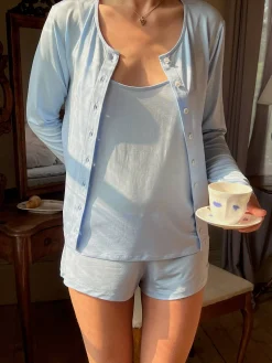 Djerf Avenue Go Slow Buttoned Top Blue New