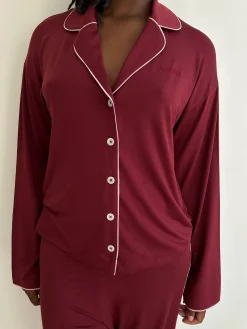 Djerf Avenue Go Slow PJ Shirt Burgundy Outlet