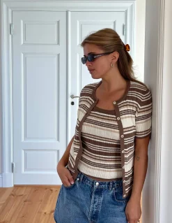 Djerf Avenue Knitted Short Sleeve Cardigan Brown Stripe Online