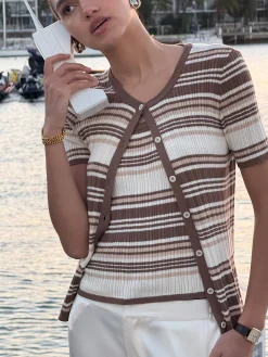 Djerf Avenue Knitted Short Sleeve Cardigan Brown Stripe Online