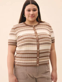 Djerf Avenue Knitted Short Sleeve Cardigan Brown Stripe Online