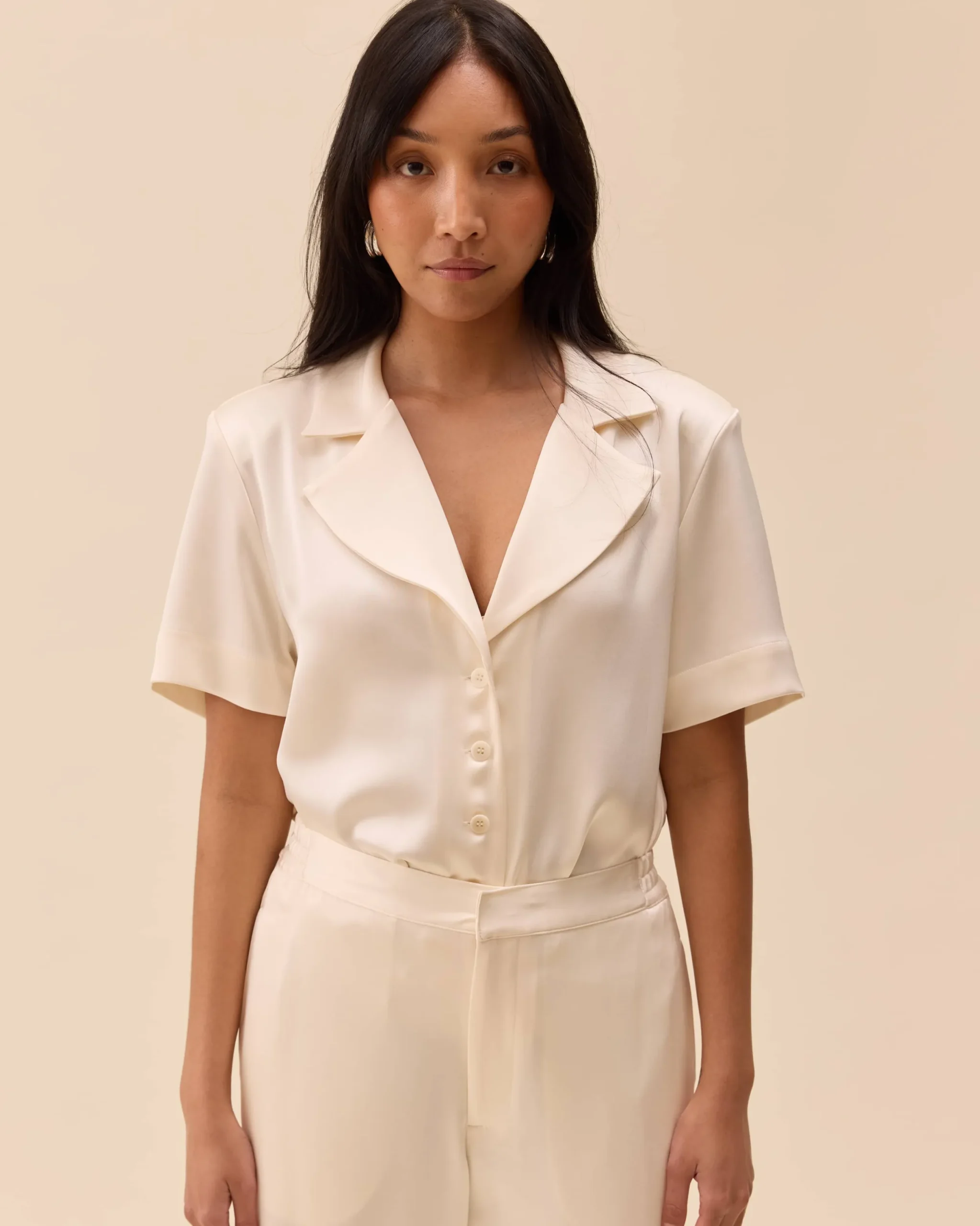 Djerf Avenue Satin Short Sleeve Blouse Ivory Hot