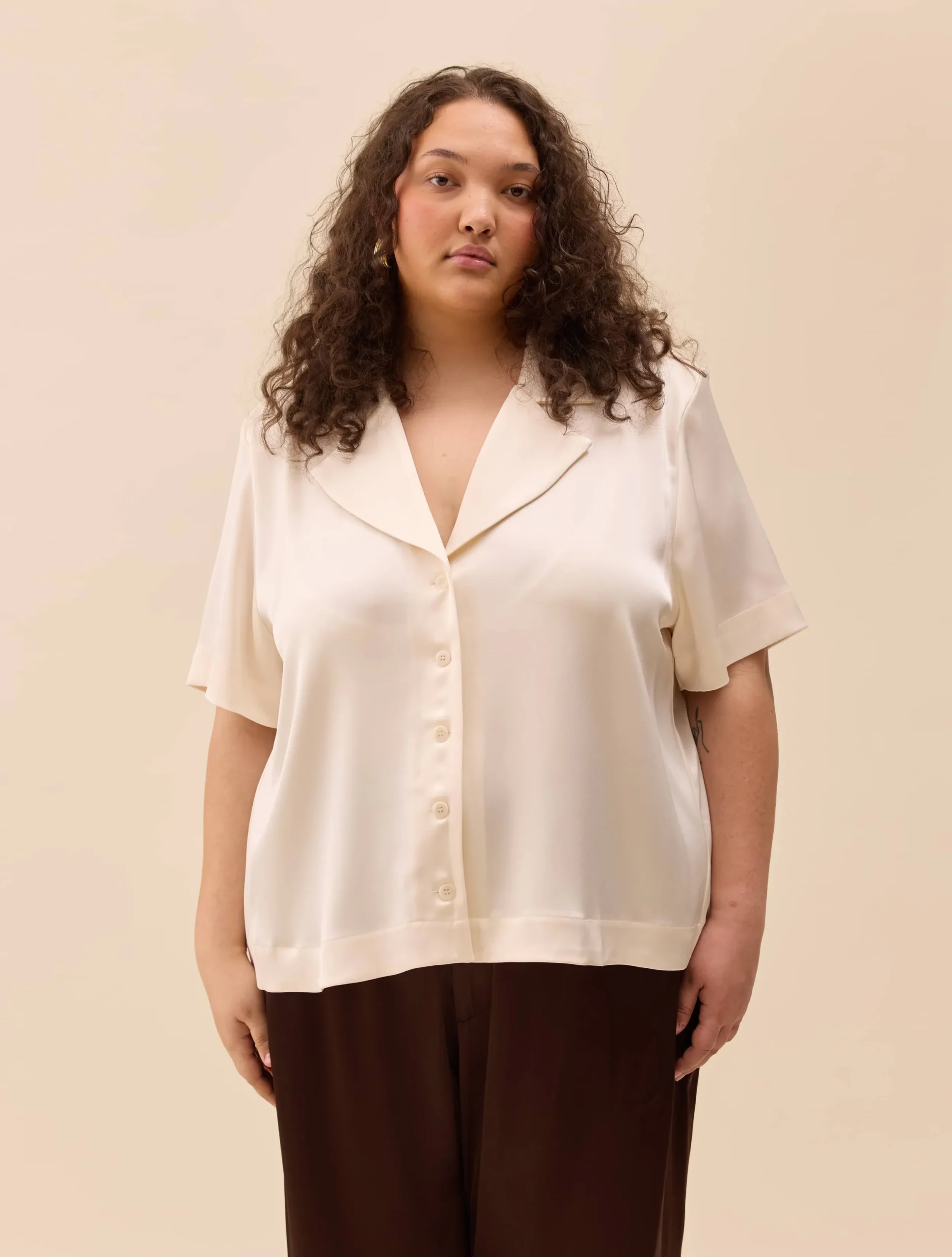 Djerf Avenue Satin Short Sleeve Blouse Ivory Hot
