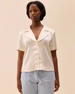 Djerf Avenue Satin Short Sleeve Blouse Ivory Hot