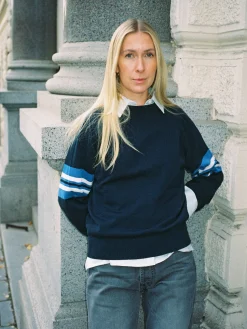 Djerf Avenue Striped Sleeve Crewneck Blue Hot