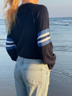 Djerf Avenue Striped Sleeve Crewneck Blue Hot