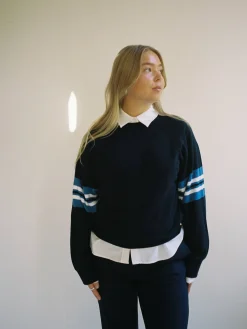Djerf Avenue Striped Sleeve Crewneck Blue Hot