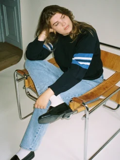 Djerf Avenue Striped Sleeve Crewneck Blue Hot