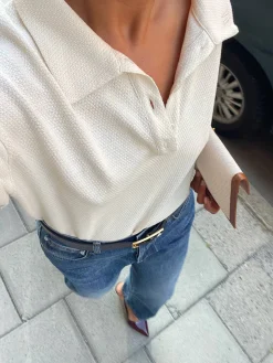 Djerf Avenue Textured Polo Top Cream Outlet