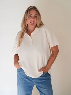 Djerf Avenue Textured Polo Top Cream Outlet