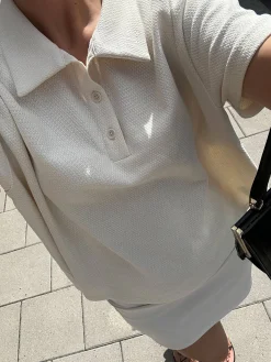 Djerf Avenue Textured Polo Top Cream Outlet